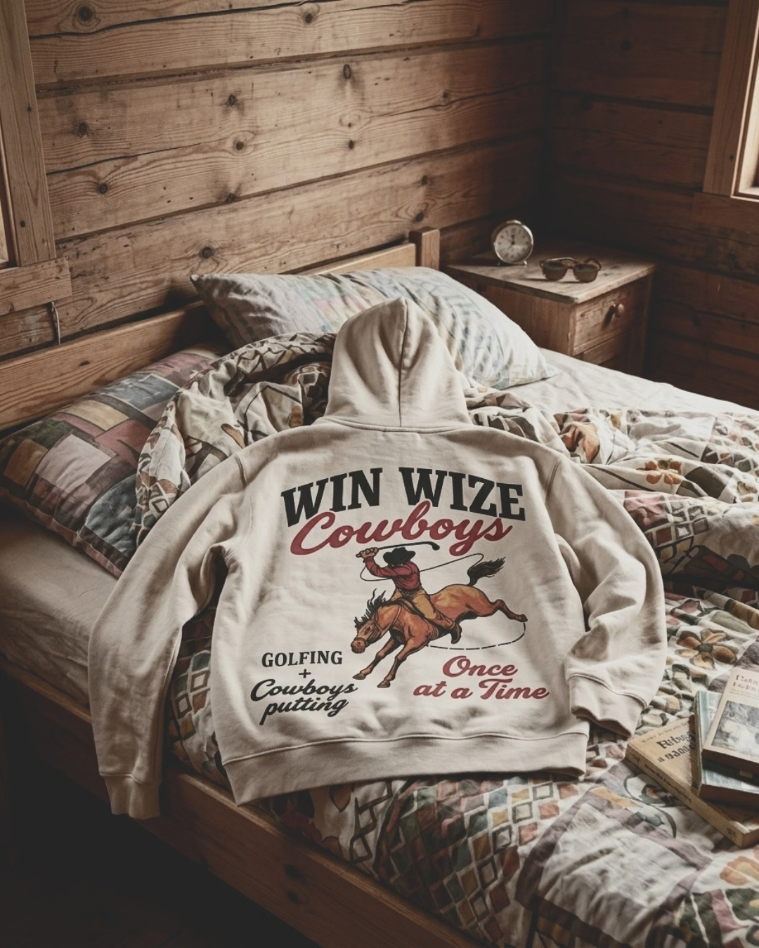 WIN WIZE Cowboys-hoodie på en bäddad säng i en timmerstuga