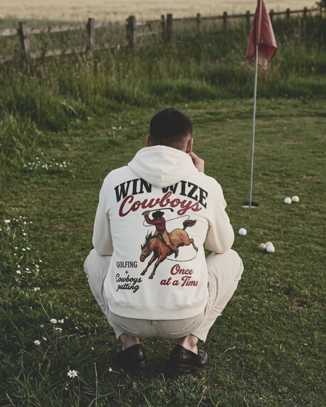 Man i WIN WIZE Cowboys-hoodie som puttning på en nordisk golfbana