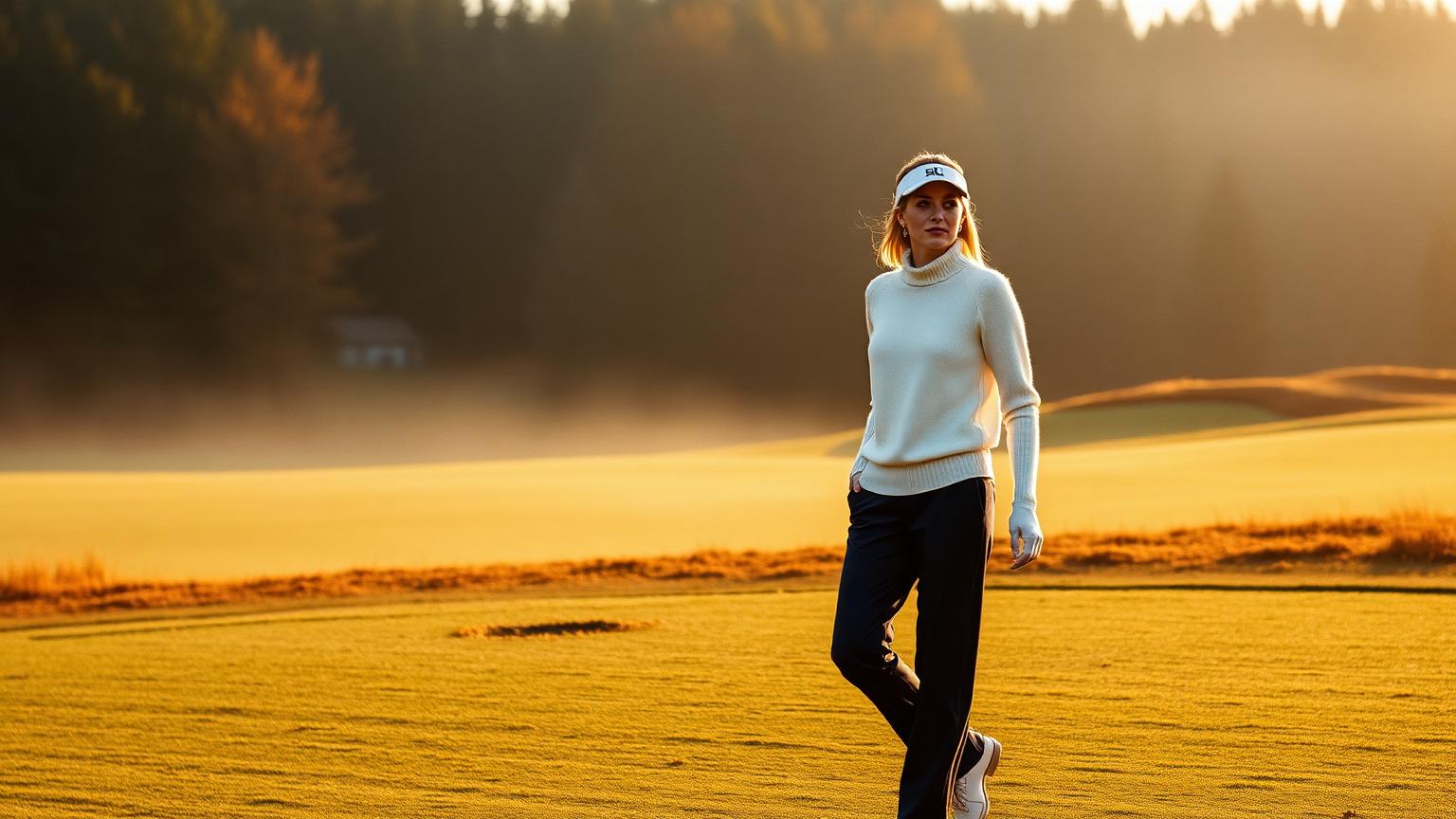 Woman wearing a white WINWIZE cashmere sweater on a Nordic golf course in autumn