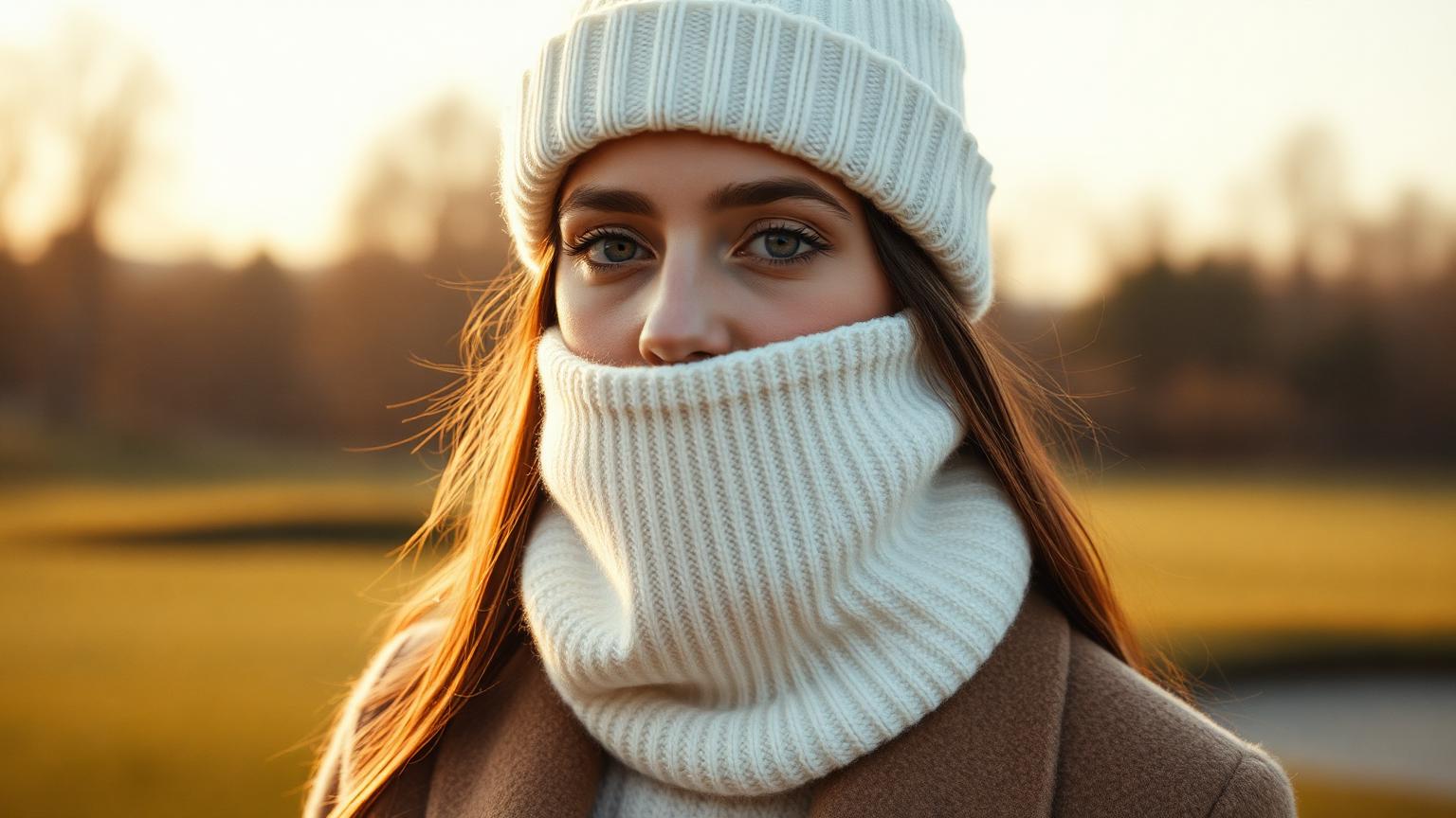 Woman wearing a white WINWIZE cashmere neckwarmer in autumn light