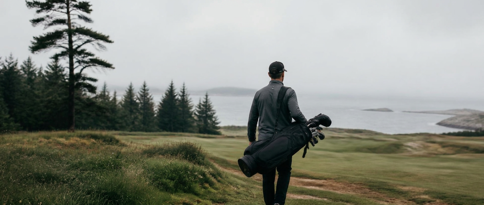 Golfer on a misty Swedish coastal fairway
